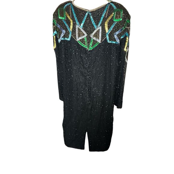 VTG Womens 80s Scala Silk Beaded Sequin Dress Black Gold Green Party Cocktail 3x - Picture 5 of 9